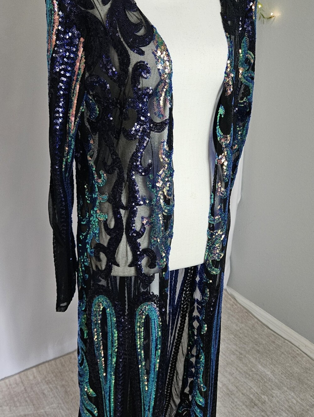 COLLECTORS Southern Fried Chics Peacock Royal Sequin Duster L NFR Western Glam - Picture 4 of 7